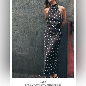 Zara Elegant Black and Green Polka Dot Midi Dress NWT